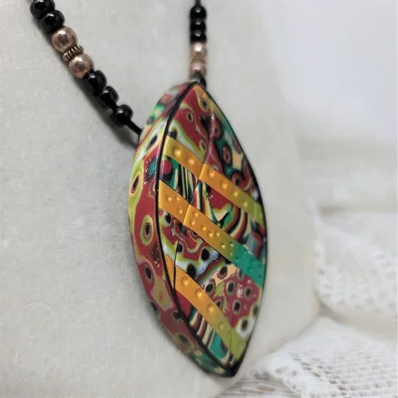 Modern Clay Colorful Necklace w/ Black Cord - Picture 7 of 9